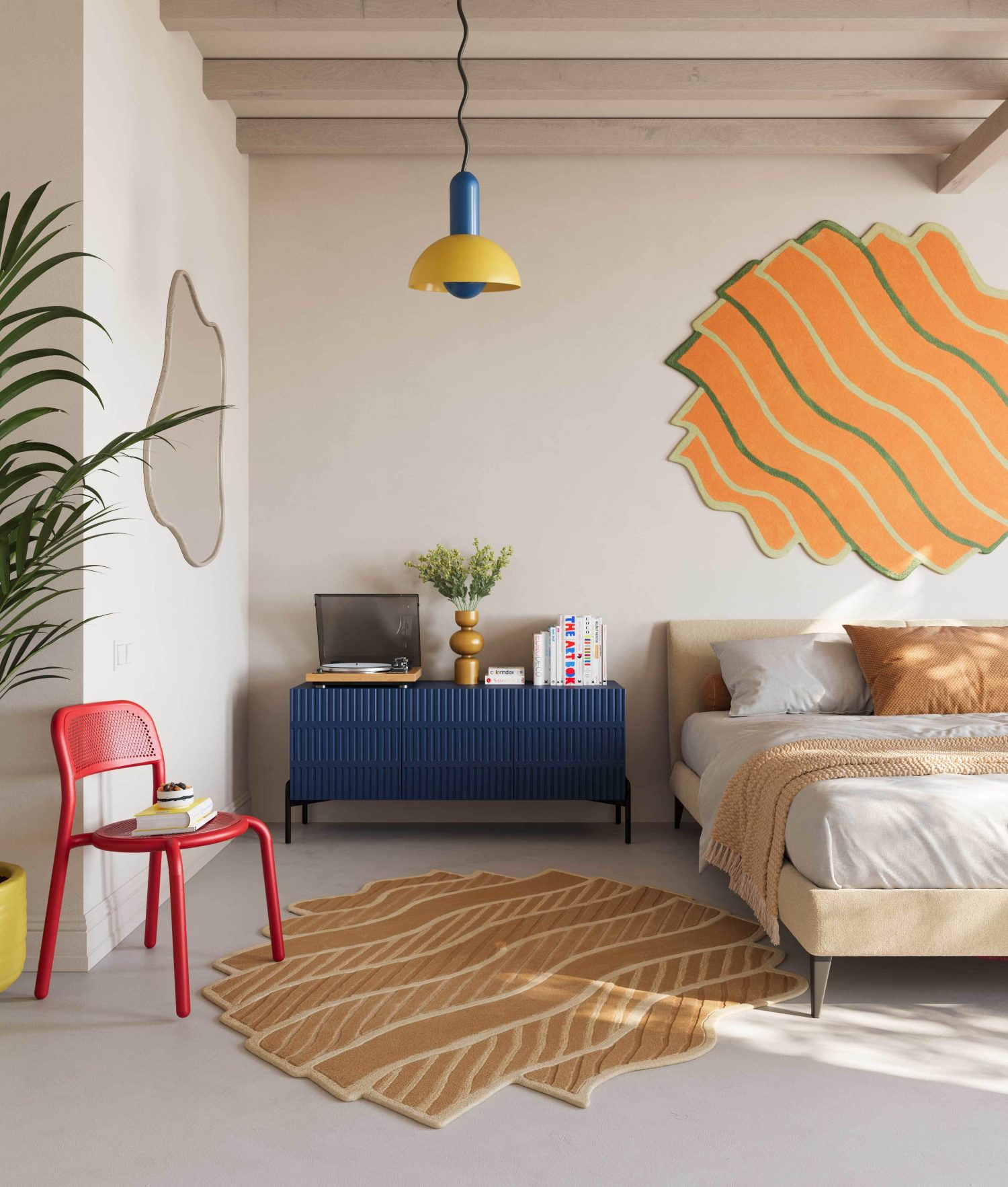 Shaped wool SCALLOP (wall) and DUNE (floor) rugs by Amechi Mandi in a contemporary bedroom