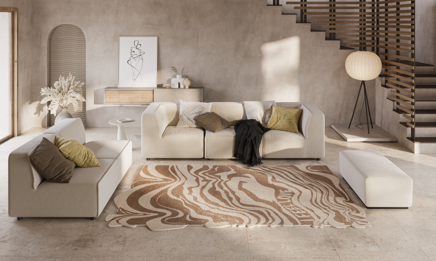 Woollen Henry Holland Shaped I Feel Love rug, pictured in neutral contemporary space.