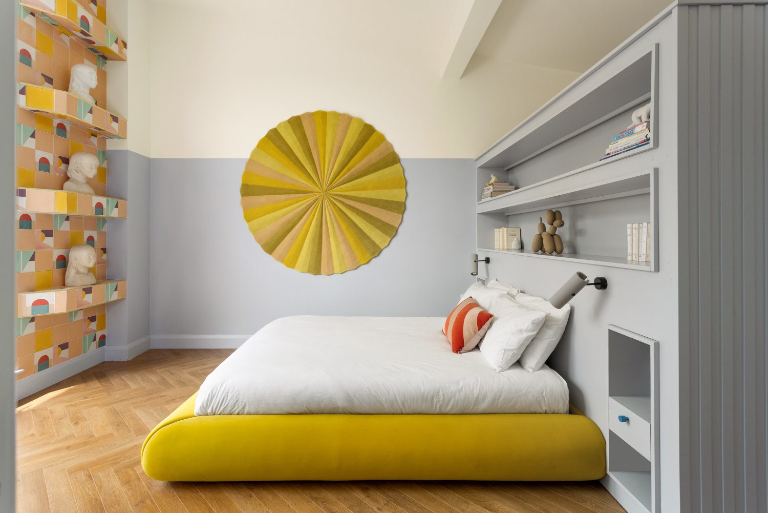 Chroma Yellow rug by Kitty Joseph used as wall art to help with acoustics of the high-ceiling space.